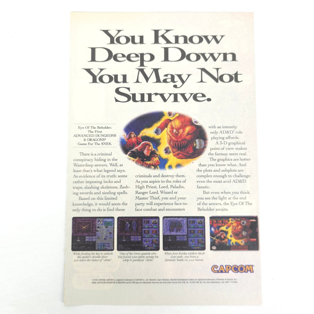 Vintage Eye of the Beholder SNES Print Ad Capcom Advanced Dungeons Dragons 1990s